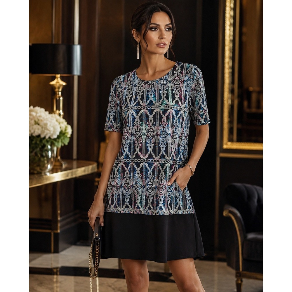 Gracia Women Embroidered Floral Shift Dress Black Ruffle Hem Short Sleeve Small